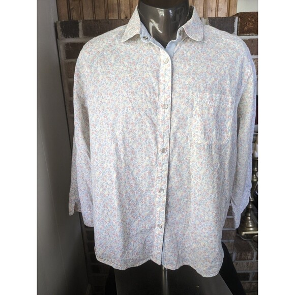 100% Cotton Pastel Summer Pearl Snap Embroidered Floral Shirt Sz 18 3/4 Sleeve - Picture 1 of 14